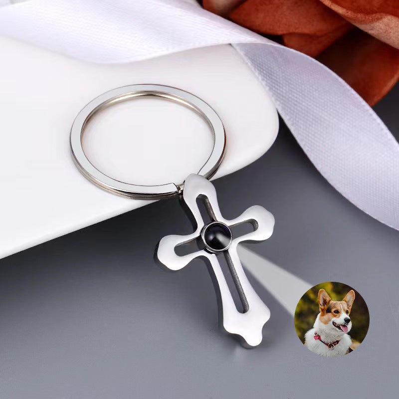 Personalized cross keychain keepsake with photo inside