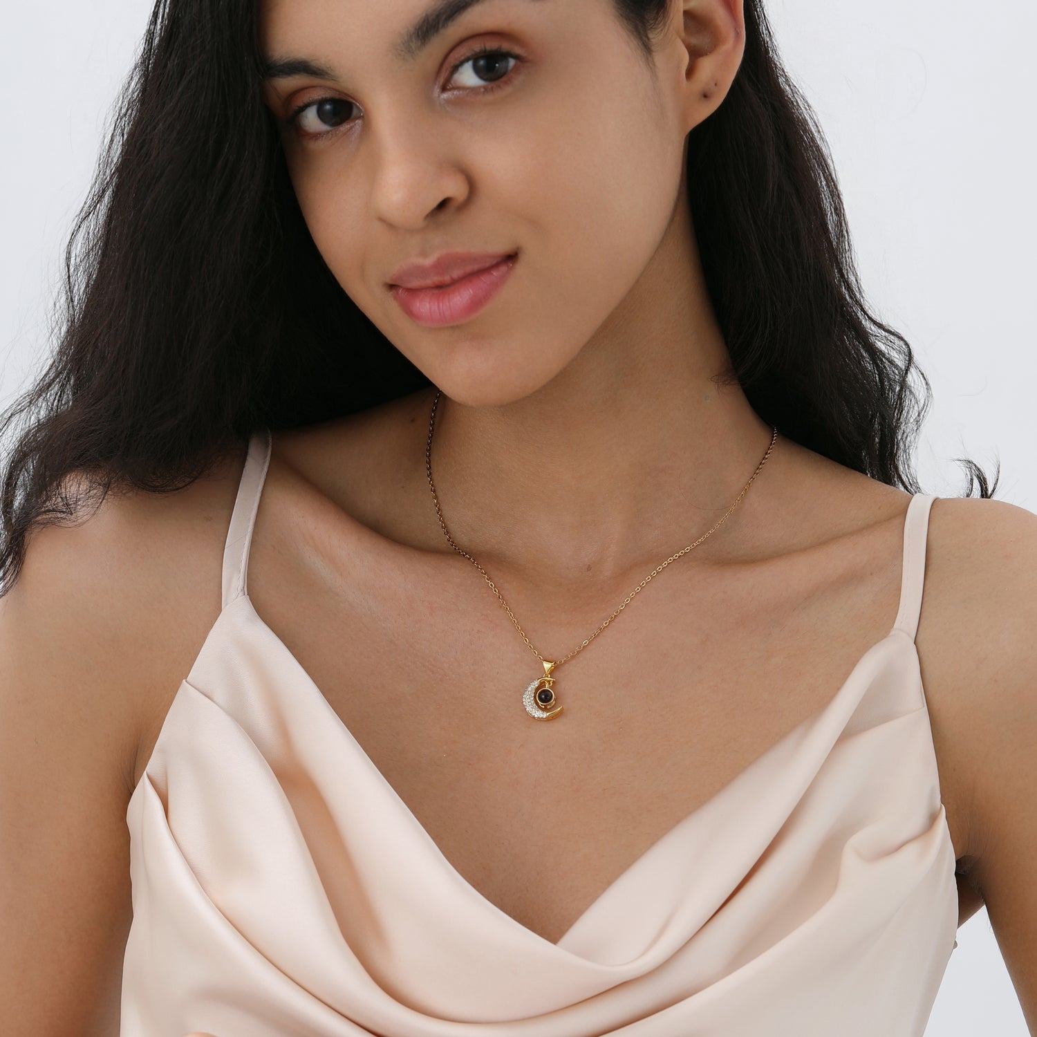 Glimmering Lunar Tales Zirconia Moon Projection Photo Necklace