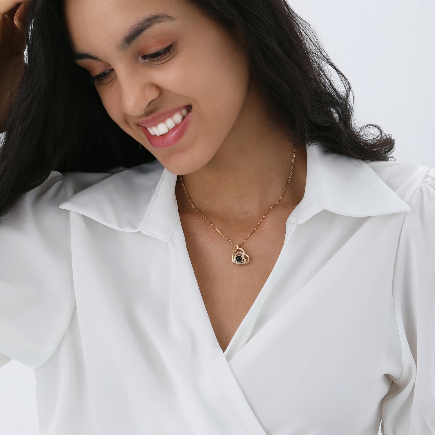 Phomora Elegant Double Heart Zirconia Photo Necklace with hidden picture inside pendant