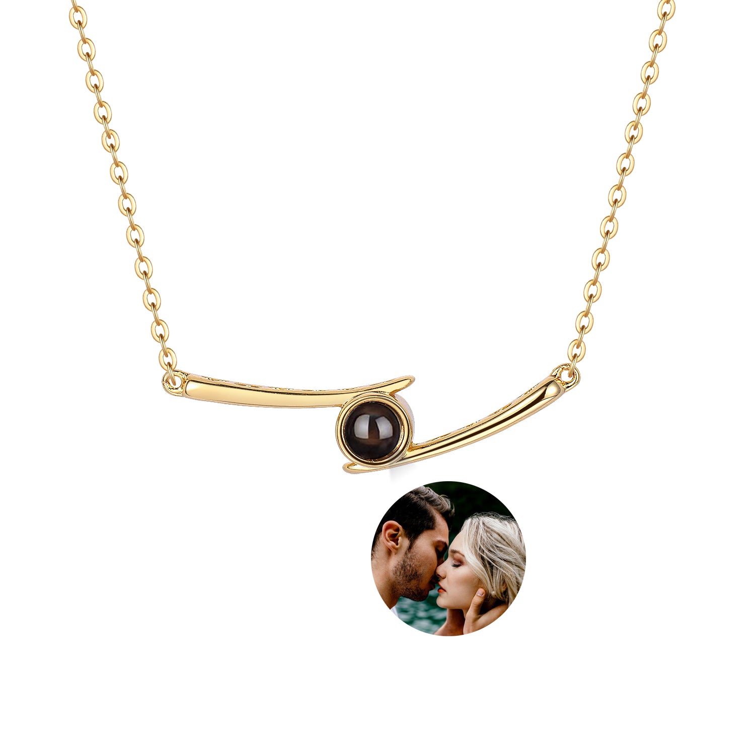 Golden irregular chain photo projection necklace with hidden picture inside pendant