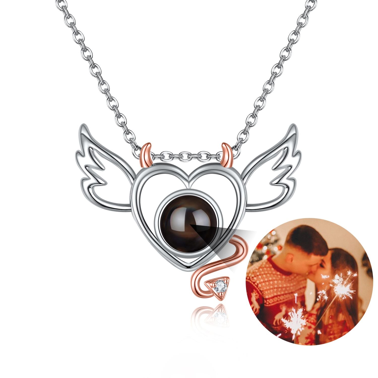 Little Devil Angel Wing Photo Projection Necklace with hidden photo inside pendant
