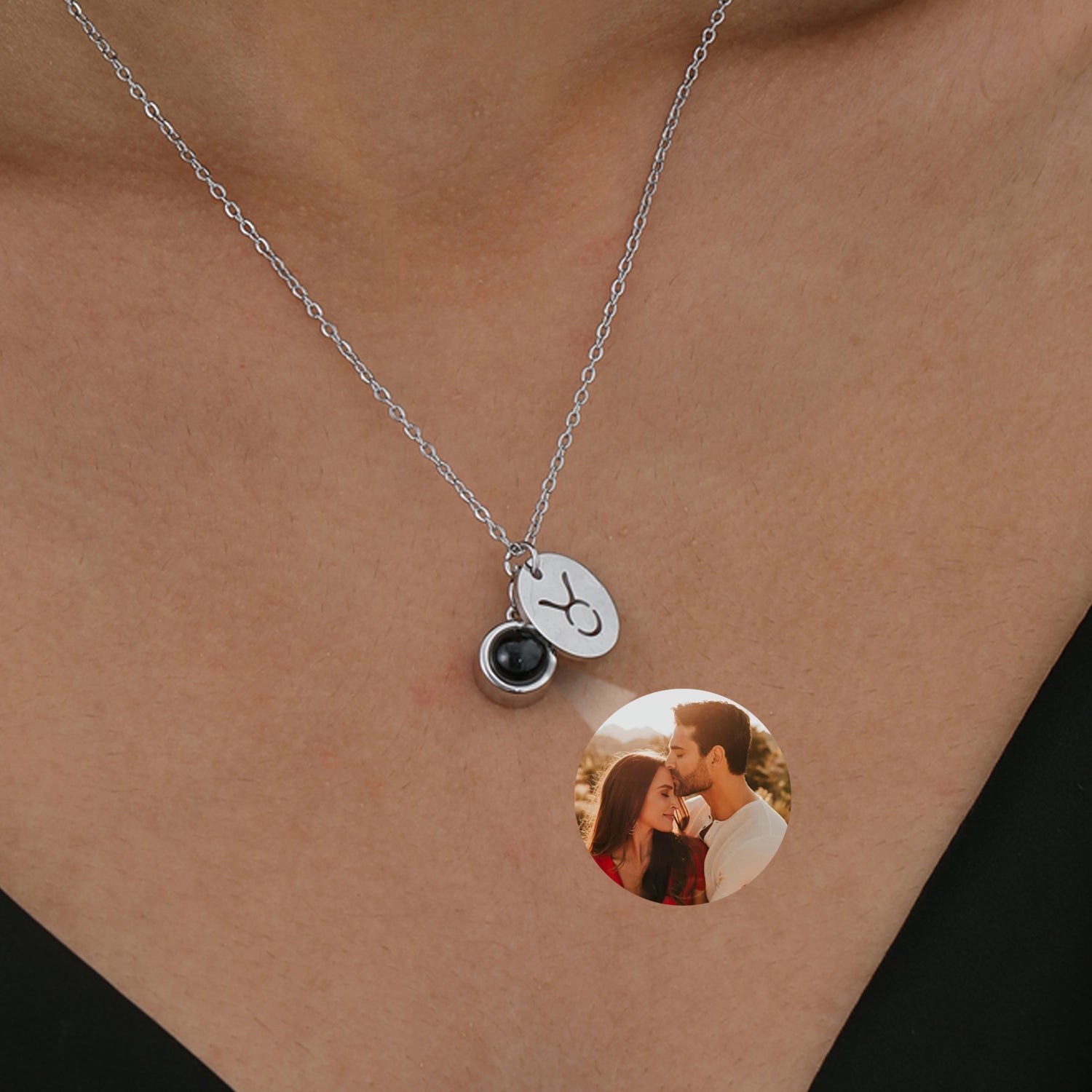 Phomora zodiac necklace with hidden photo projection inside pendant