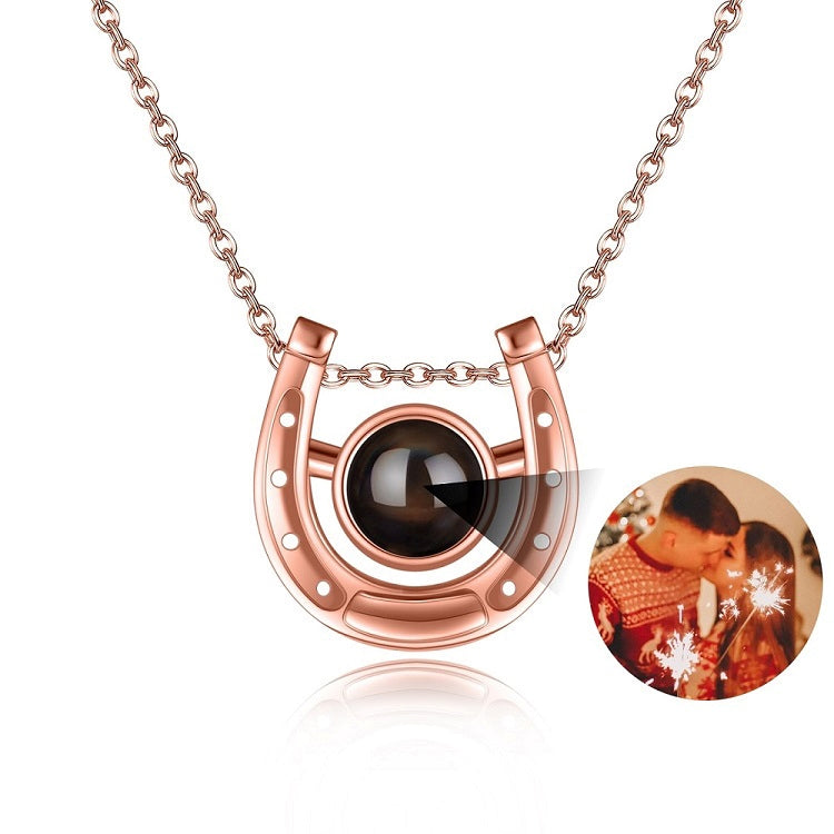 Personalized horseshoe photo projection necklace with hidden picture inside pendant