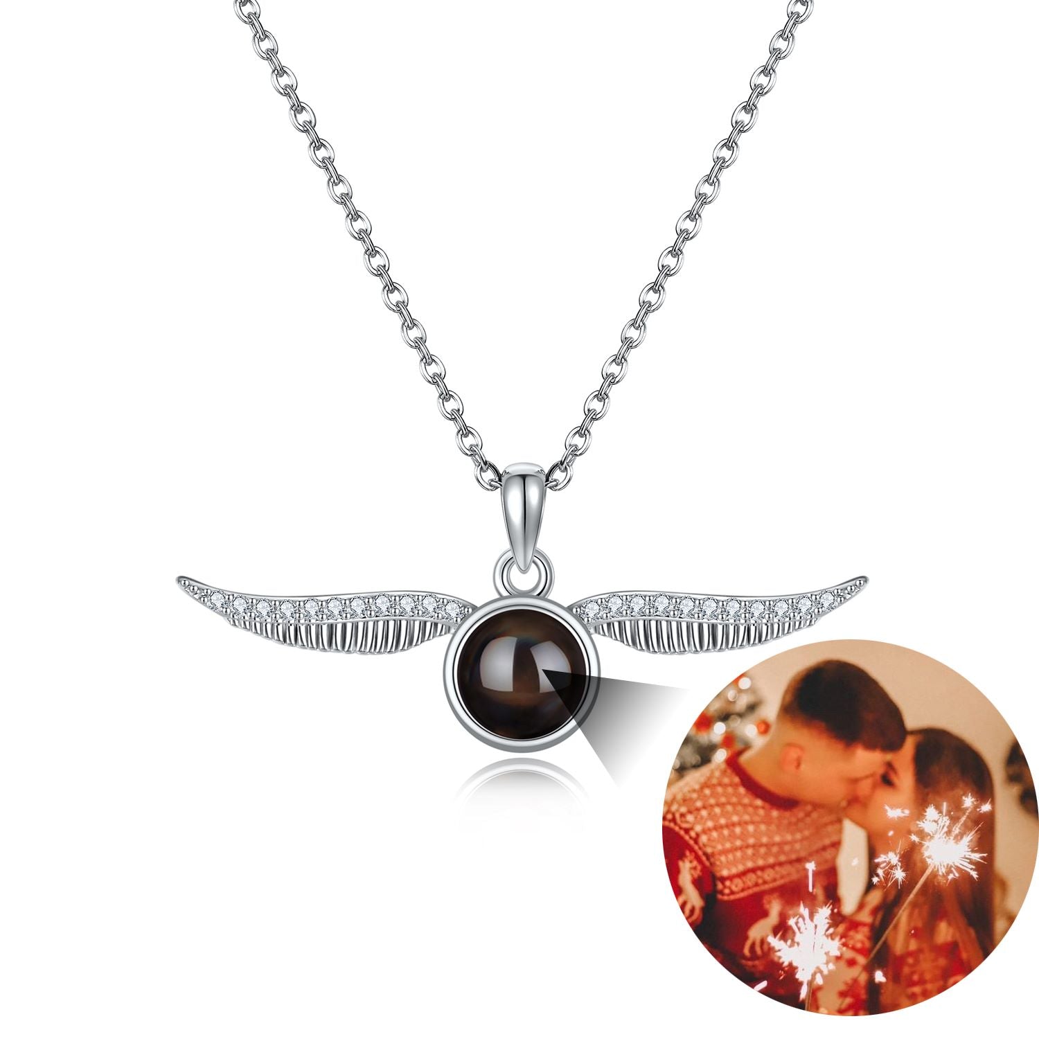 Phomora angel wing photo projection necklace with hidden photo inside pendant