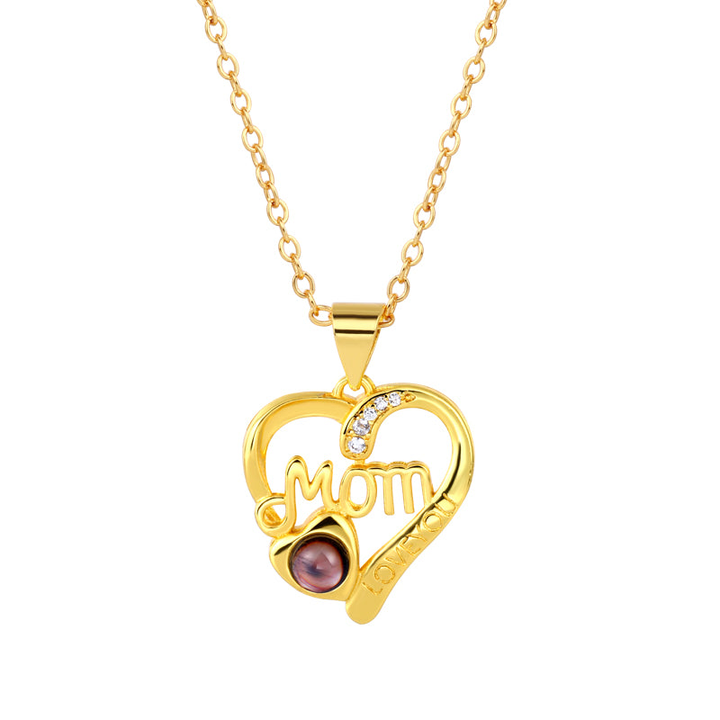 Personalized mom necklace with zircon heart and custom photo projection