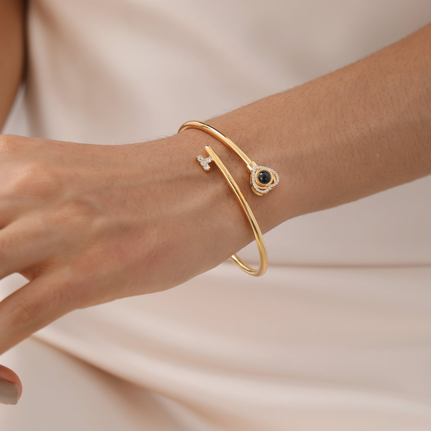 Personalized key-inspired bangle bracelet with custom photo