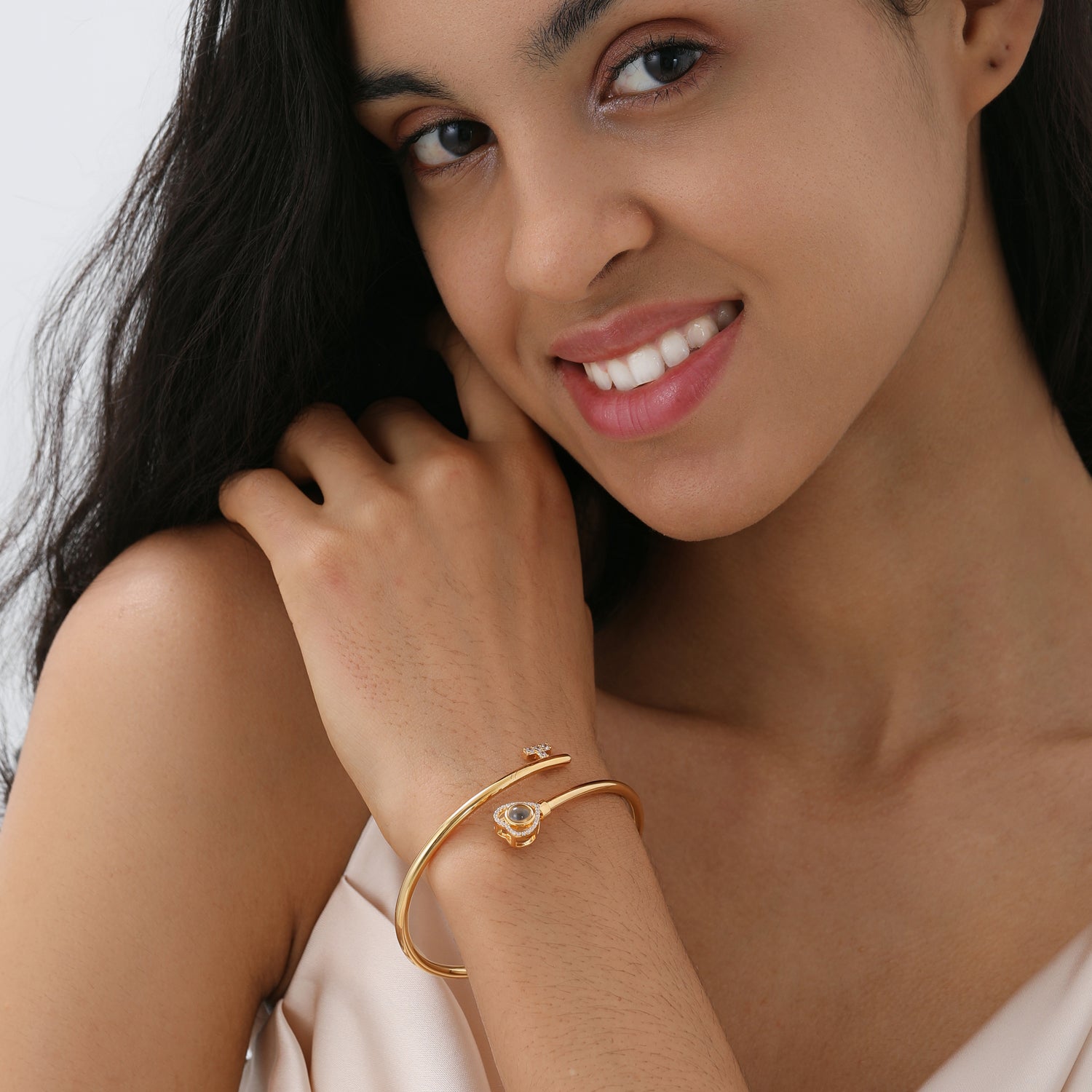 Personalized key-inspired bangle bracelet with custom photo