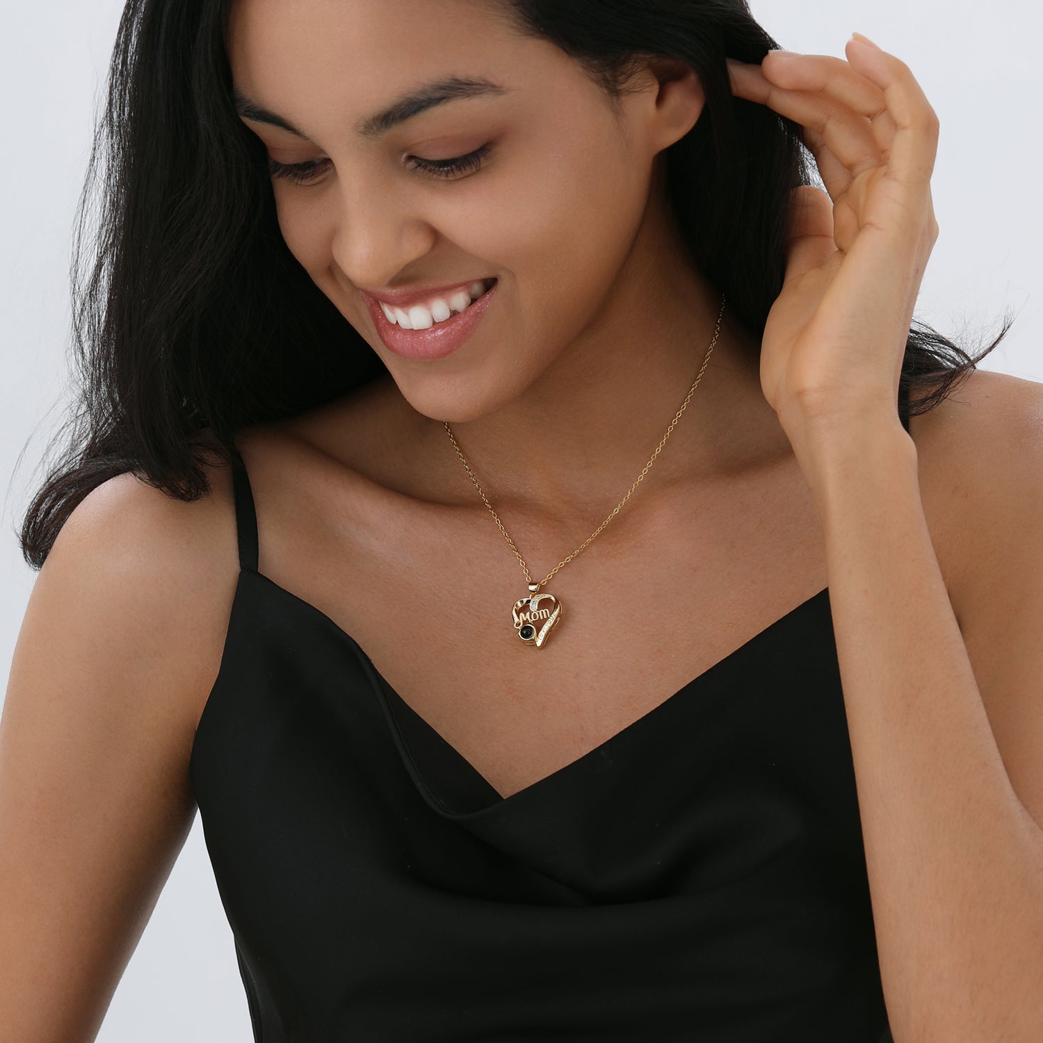 Phomora MOM Heart Zircon Customized Photo Necklace with hidden picture inside pendant