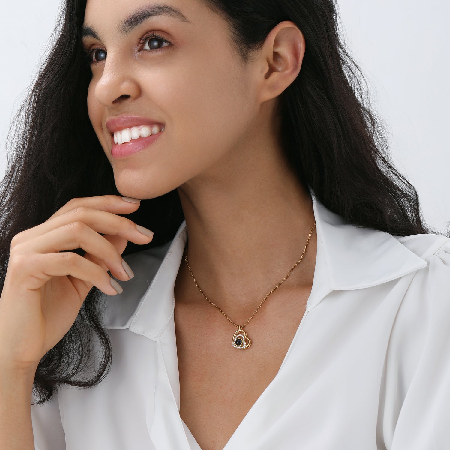 Phomora Elegant Double Heart Zirconia Photo Necklace with hidden picture inside pendant