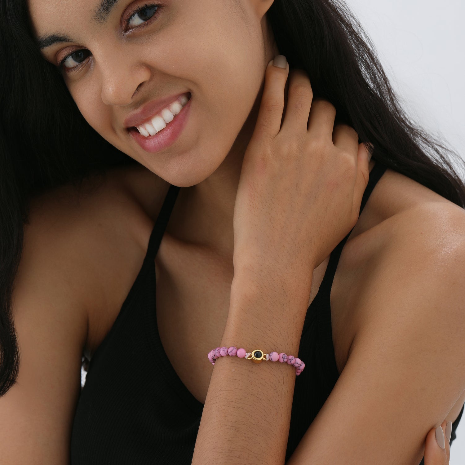 Personalized gemstone photo beaded bracelet gift for her