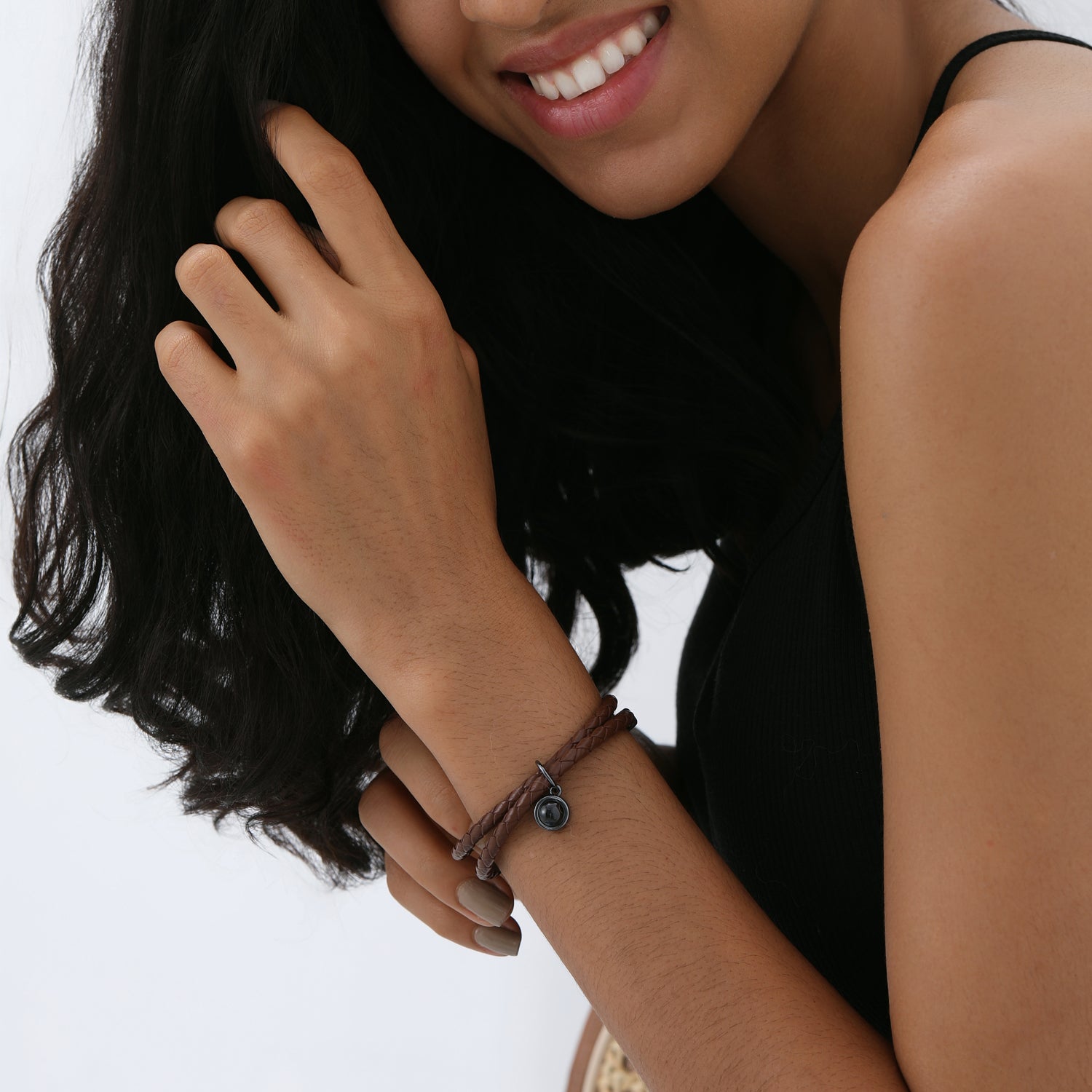 Personalized leather wrap photo bracelet gift for her