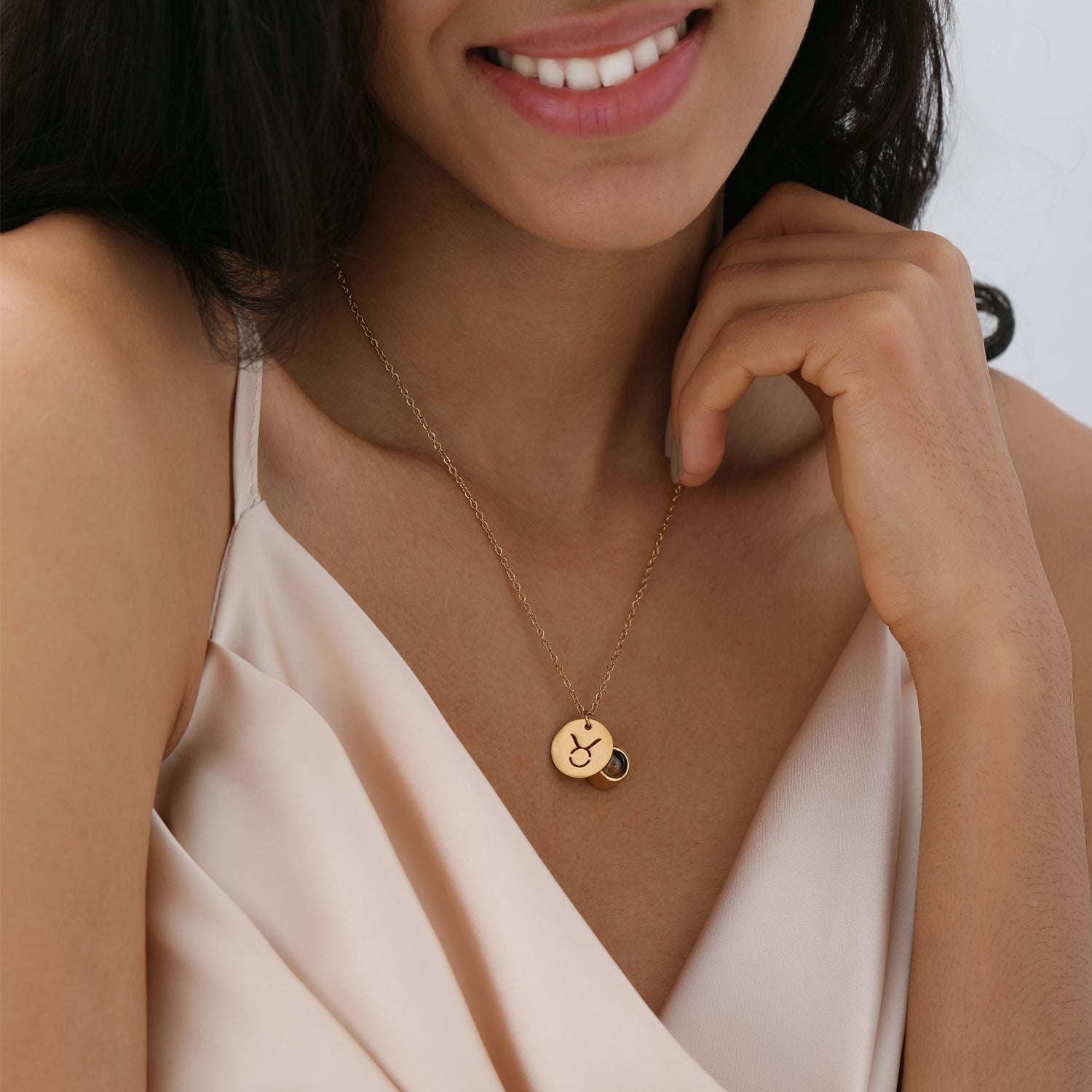 Phomora zodiac necklace with hidden photo projection inside pendant