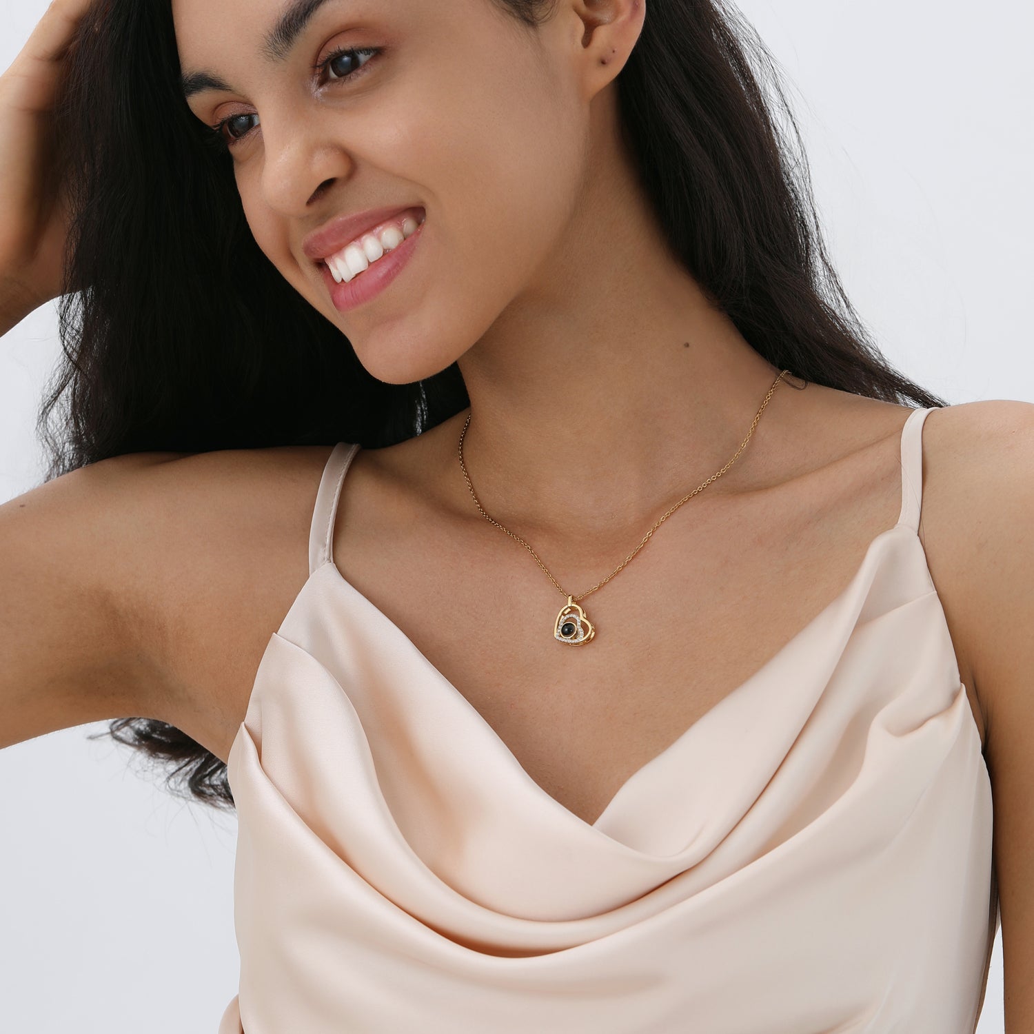 Phomora Elegant Double Heart Zirconia Photo Necklace with hidden picture inside pendant