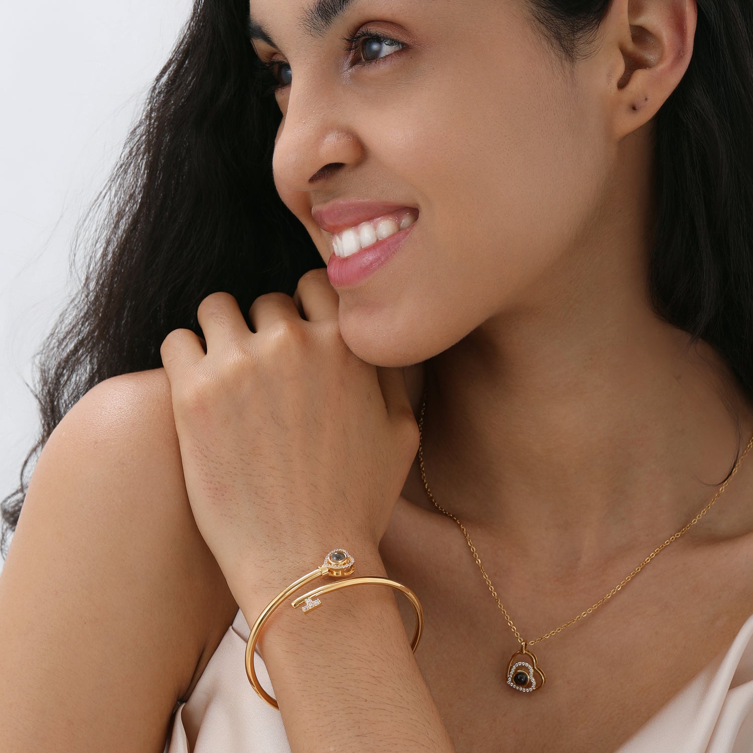 Phomora Love Key Photo Bangle Bracelet with hidden photo projection charm