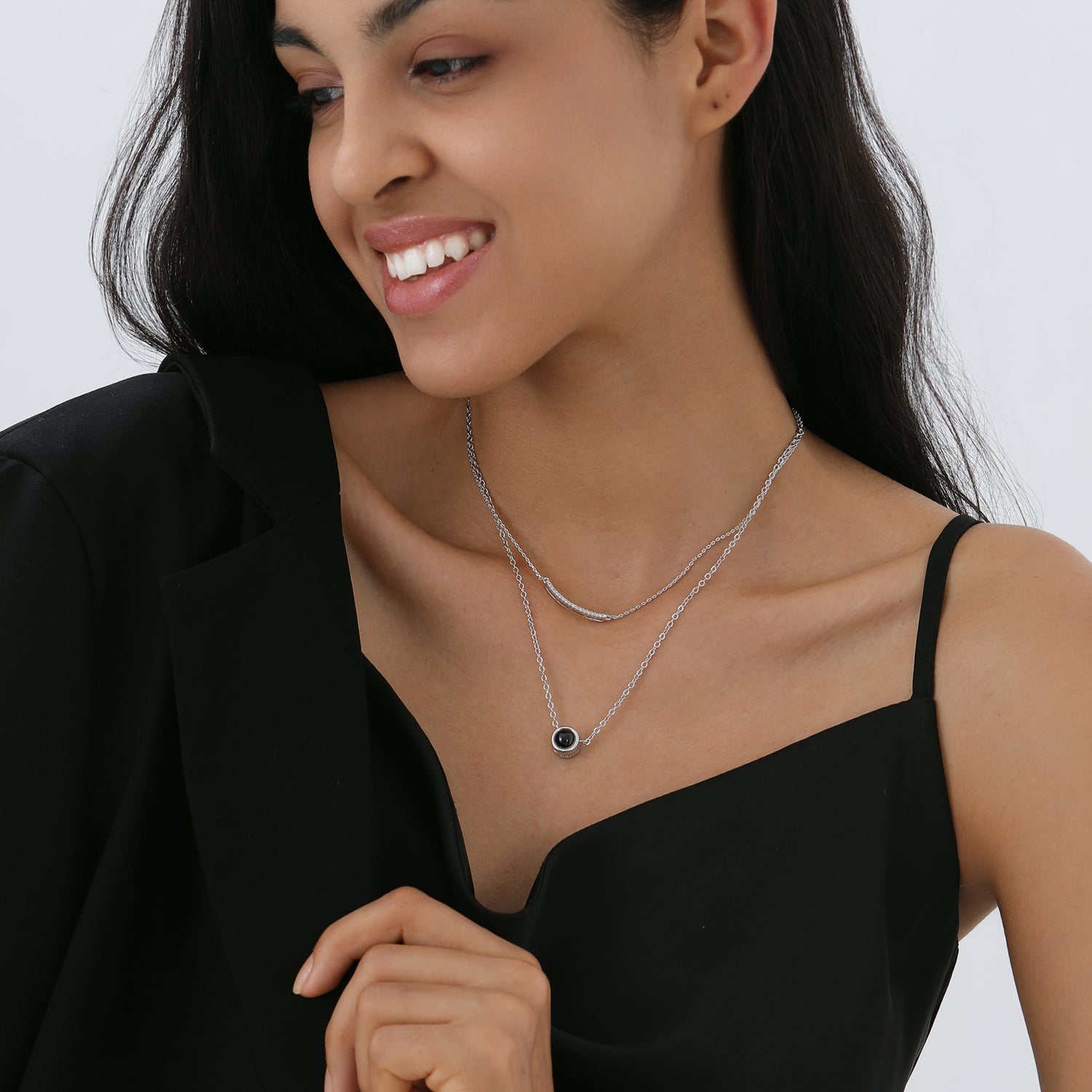 Phomora trendy double layered photo projection necklace with zirconia smile pendant