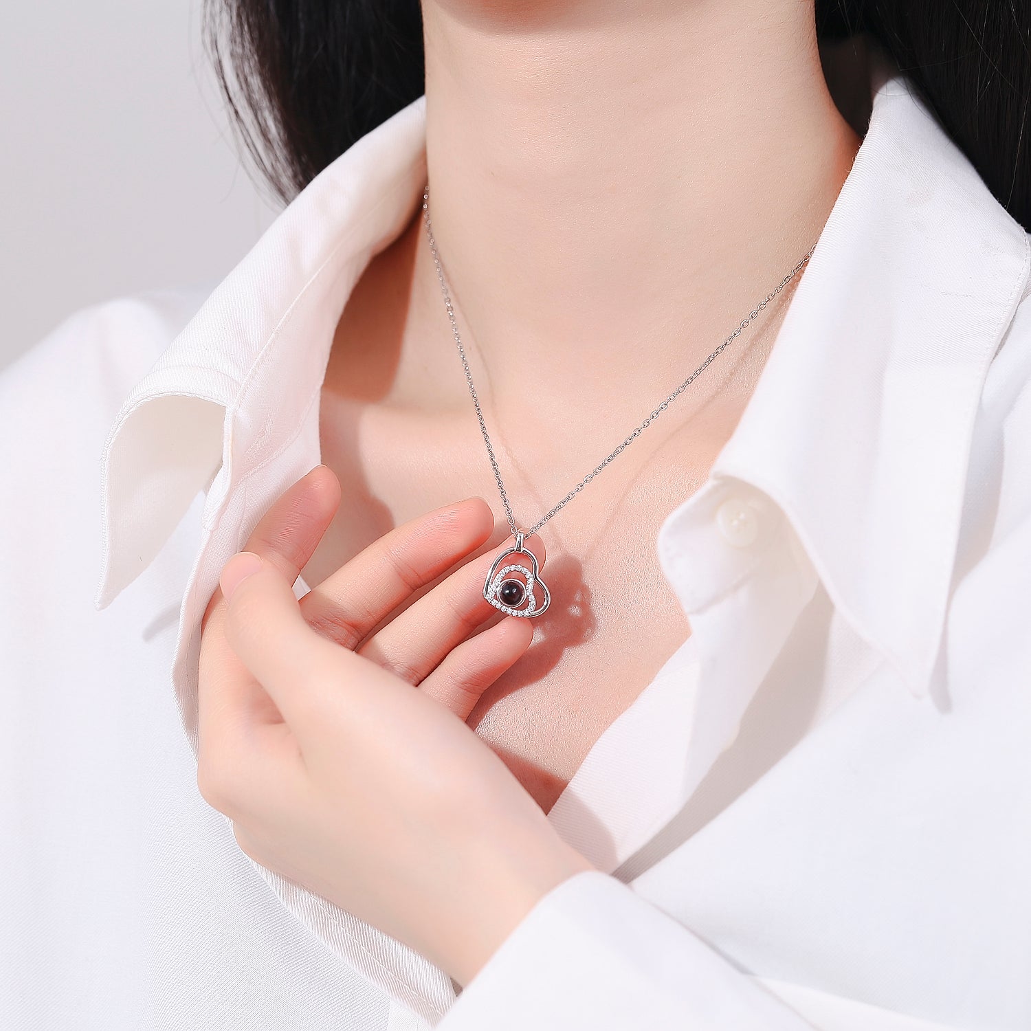 Phomora Elegant Double Heart Zirconia Photo Necklace with hidden picture inside pendant