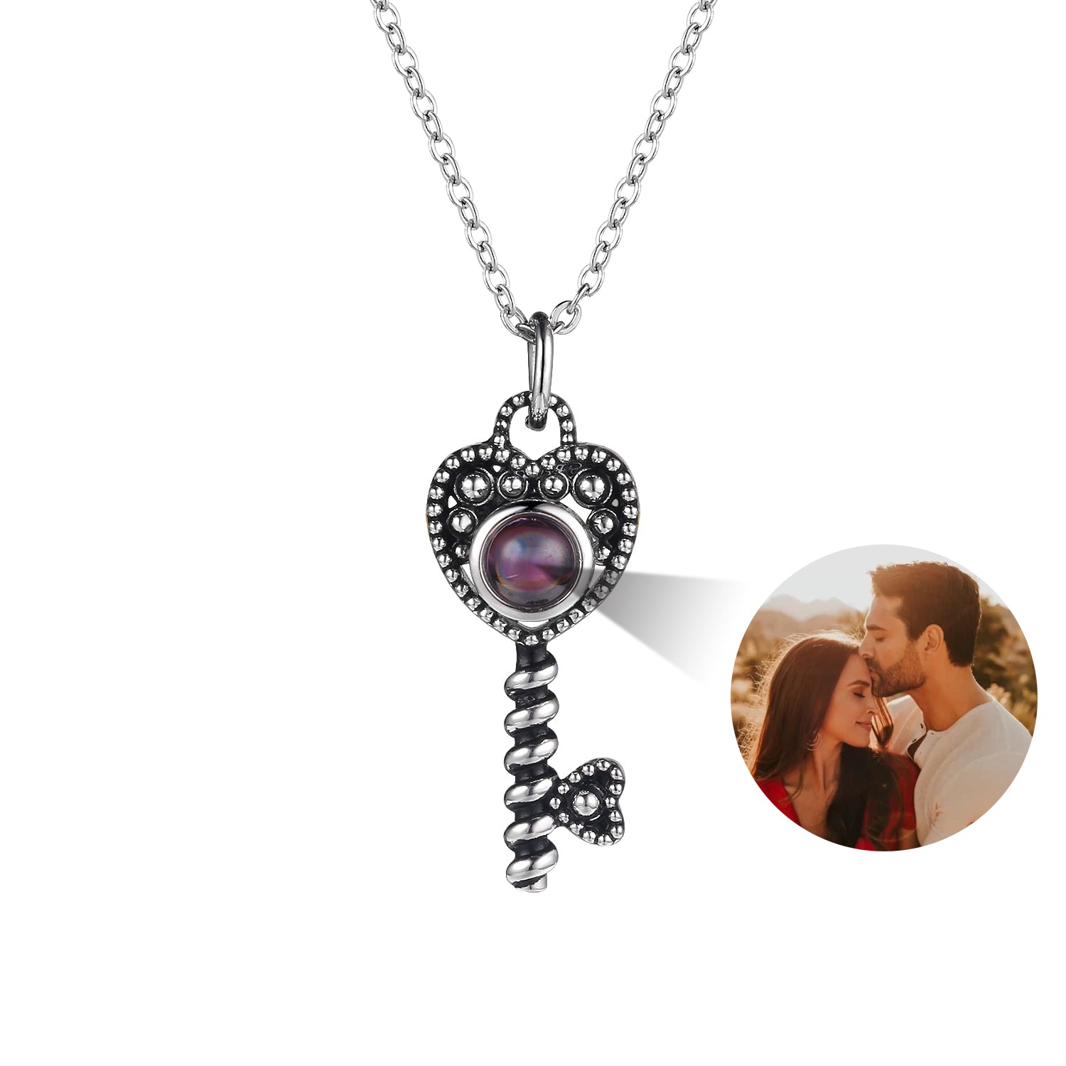 Handcrafted vintage-style silver key projection photo necklace with hidden picture