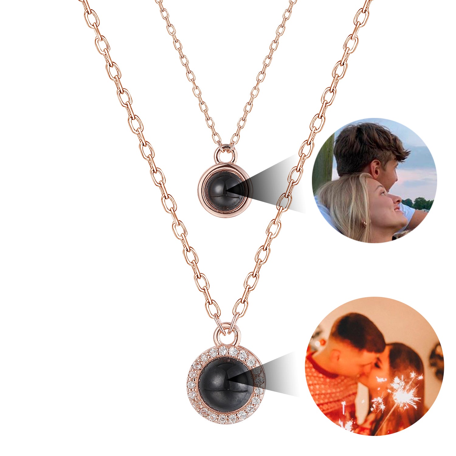Phomora BFF round photo projection necklace set with hidden photos