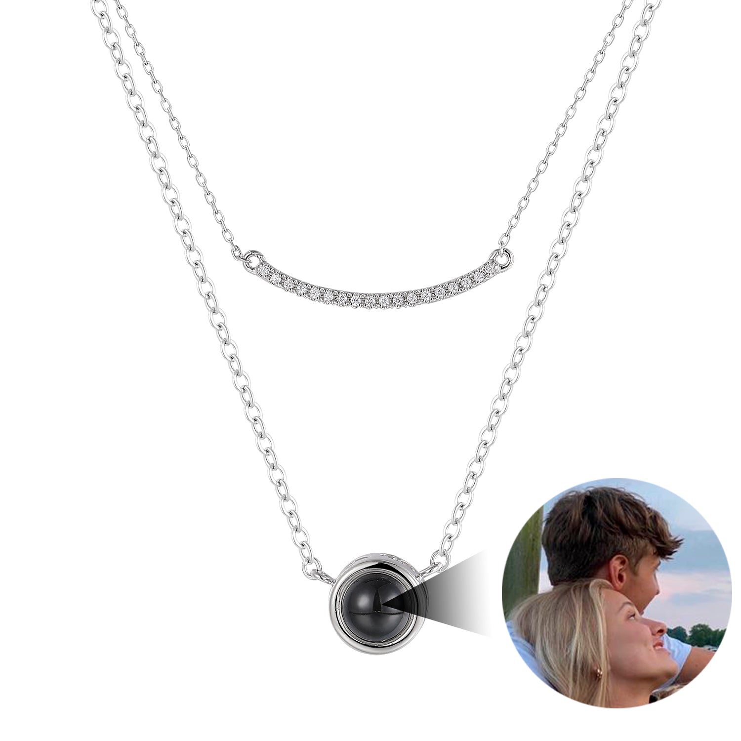 Phomora trendy double layered photo projection necklace with zirconia smile pendant