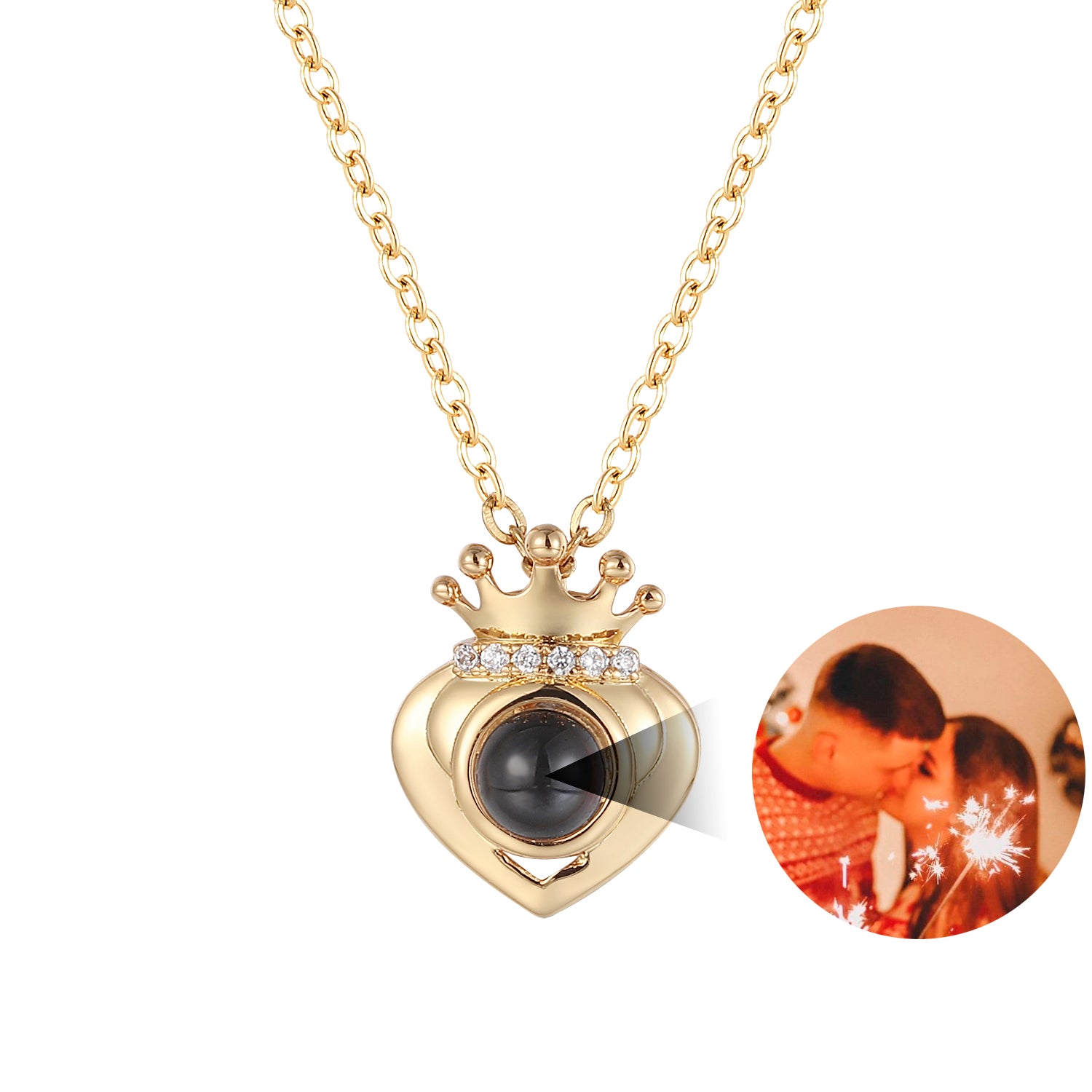 Phomora zirconia crowned-heart photo projection necklace with hidden image inside