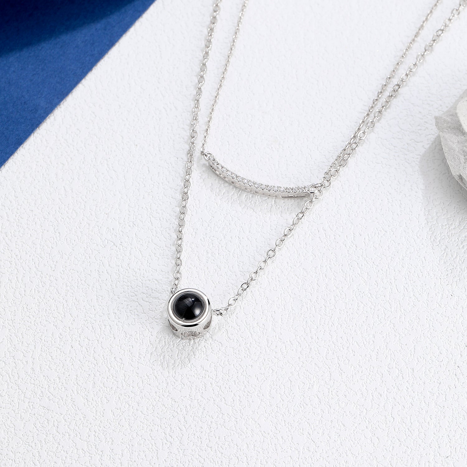 Phomora trendy double layered photo projection necklace with zirconia smile pendant