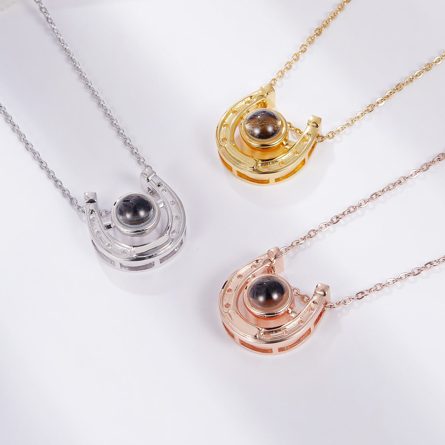 Personalized horseshoe photo projection necklace with hidden picture inside pendant