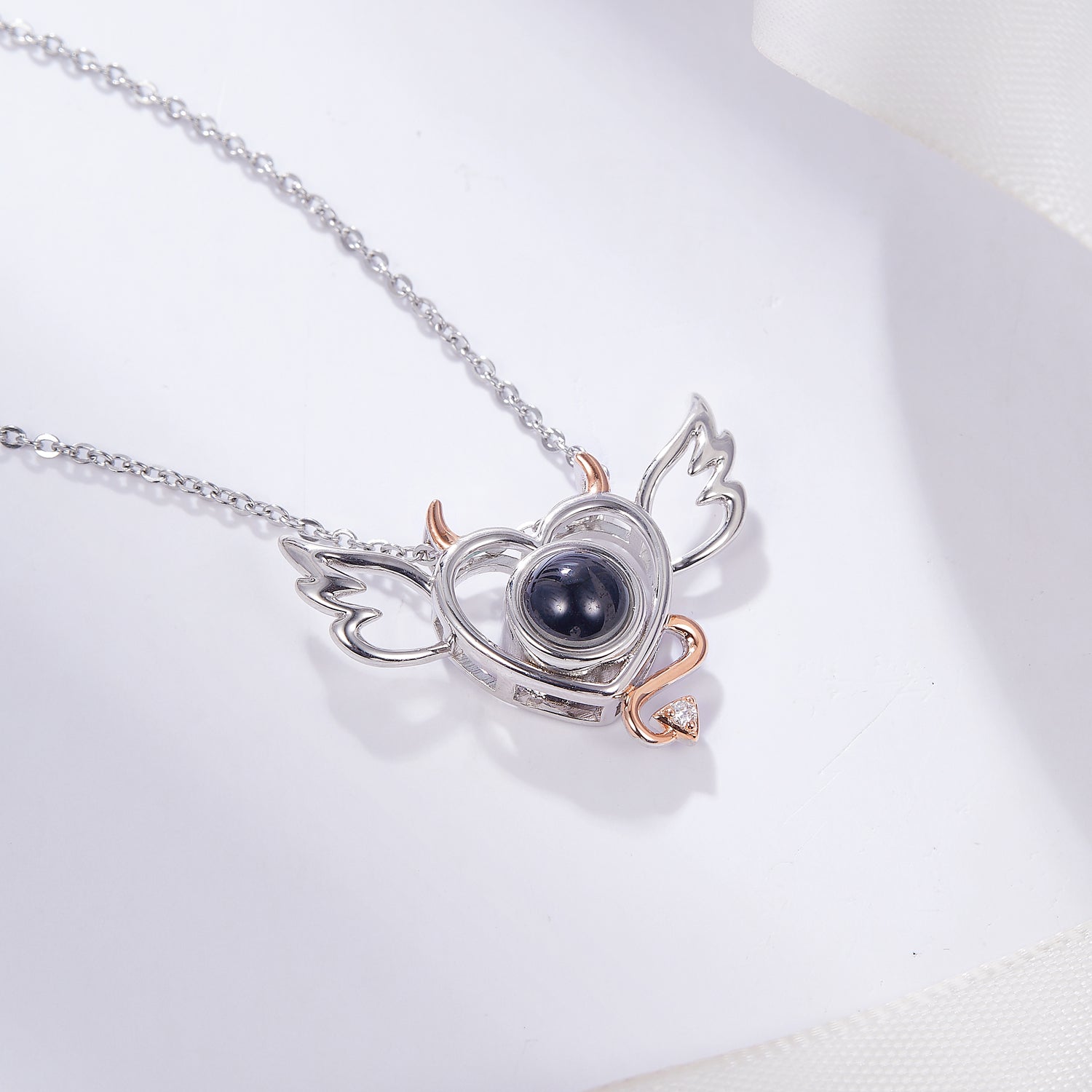 Little Devil Angel Wing Photo Projection Necklace with hidden photo inside pendant