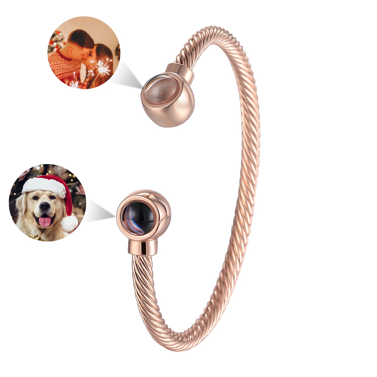 Phomora Twisted Texture Dual Photo Bangle Bracelet with hidden photo charms