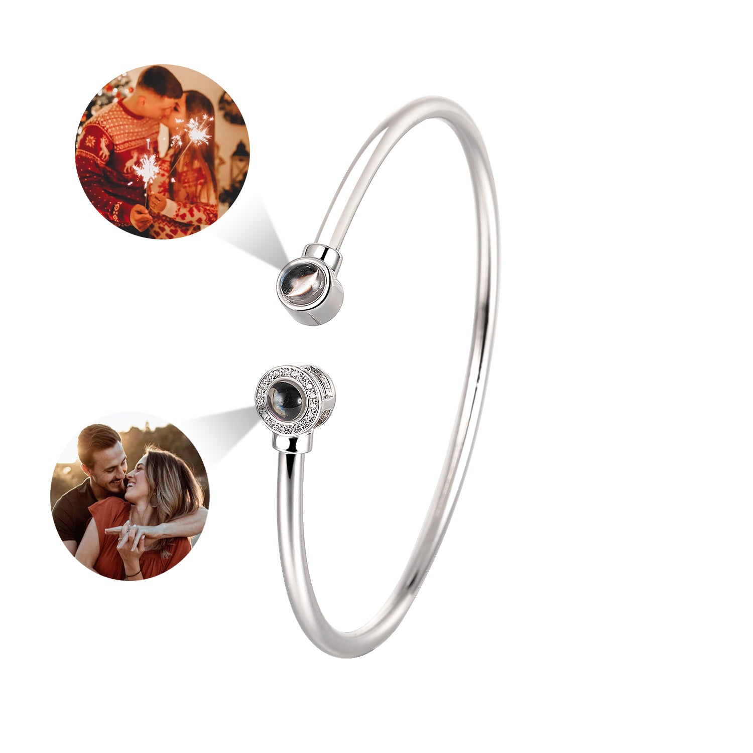 Phomora Soulmate Photo Bangle Bracelet with dual projection chips and zirconia halo