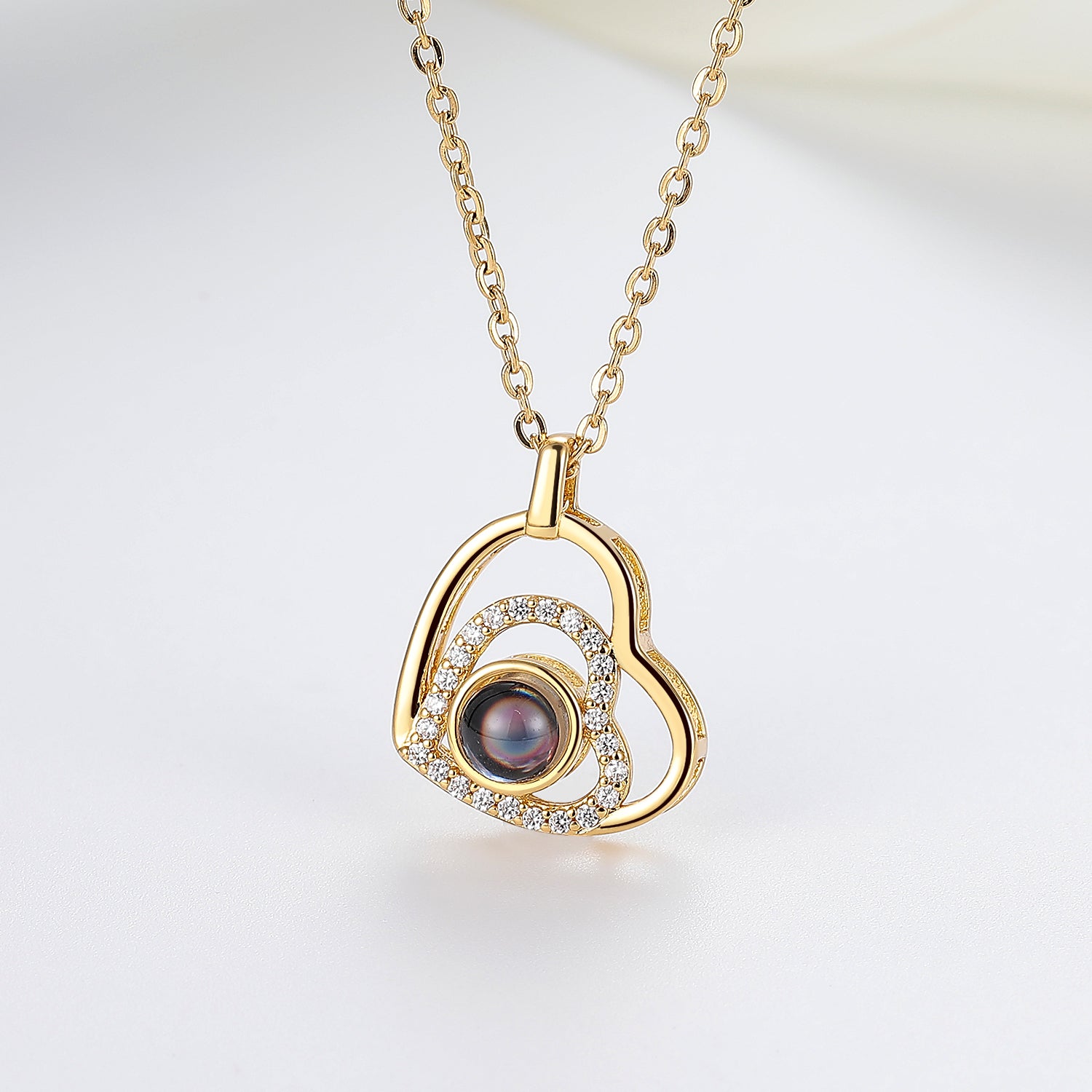 Personalized double heart necklace with photo projection gift