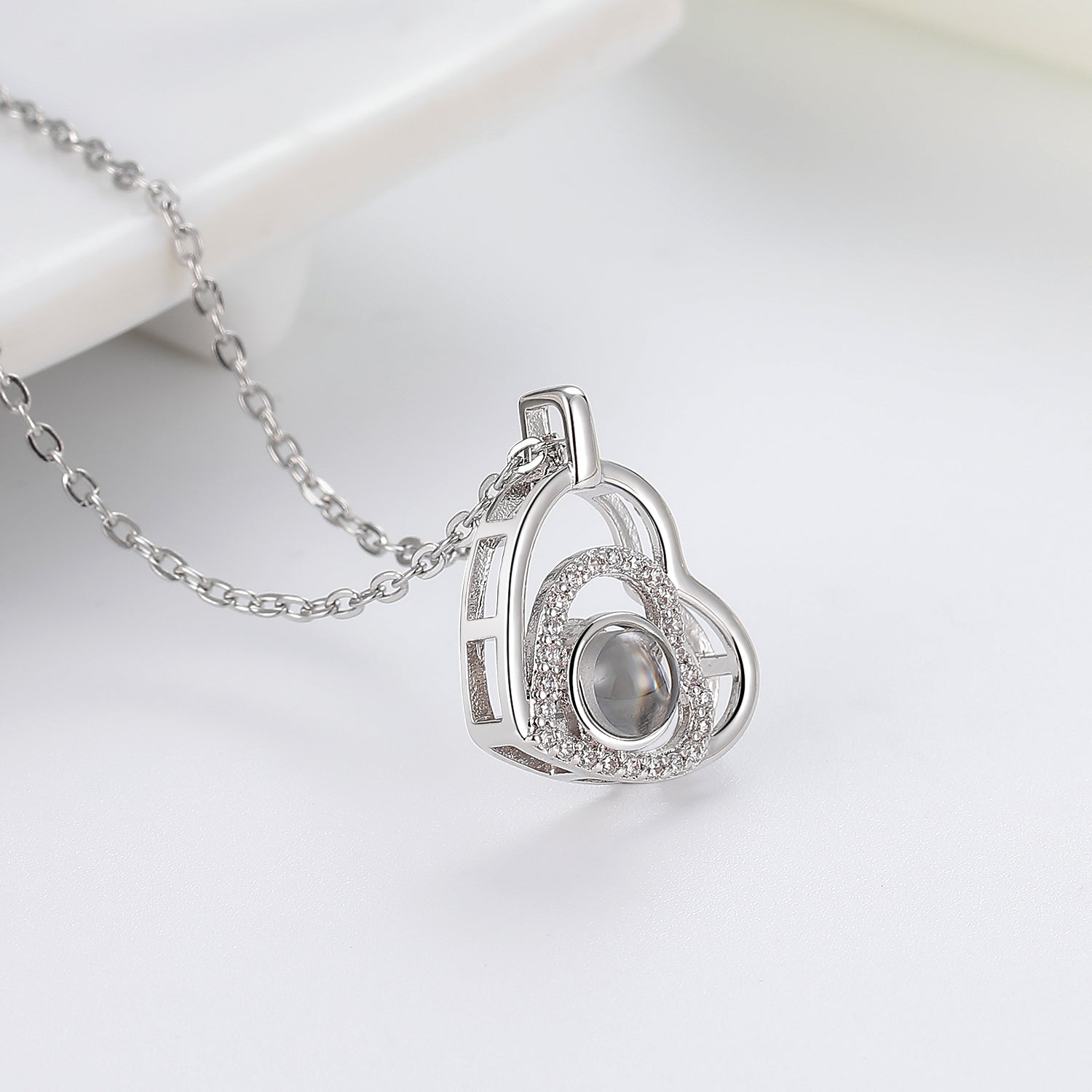 Personalized double heart necklace with photo projection gift