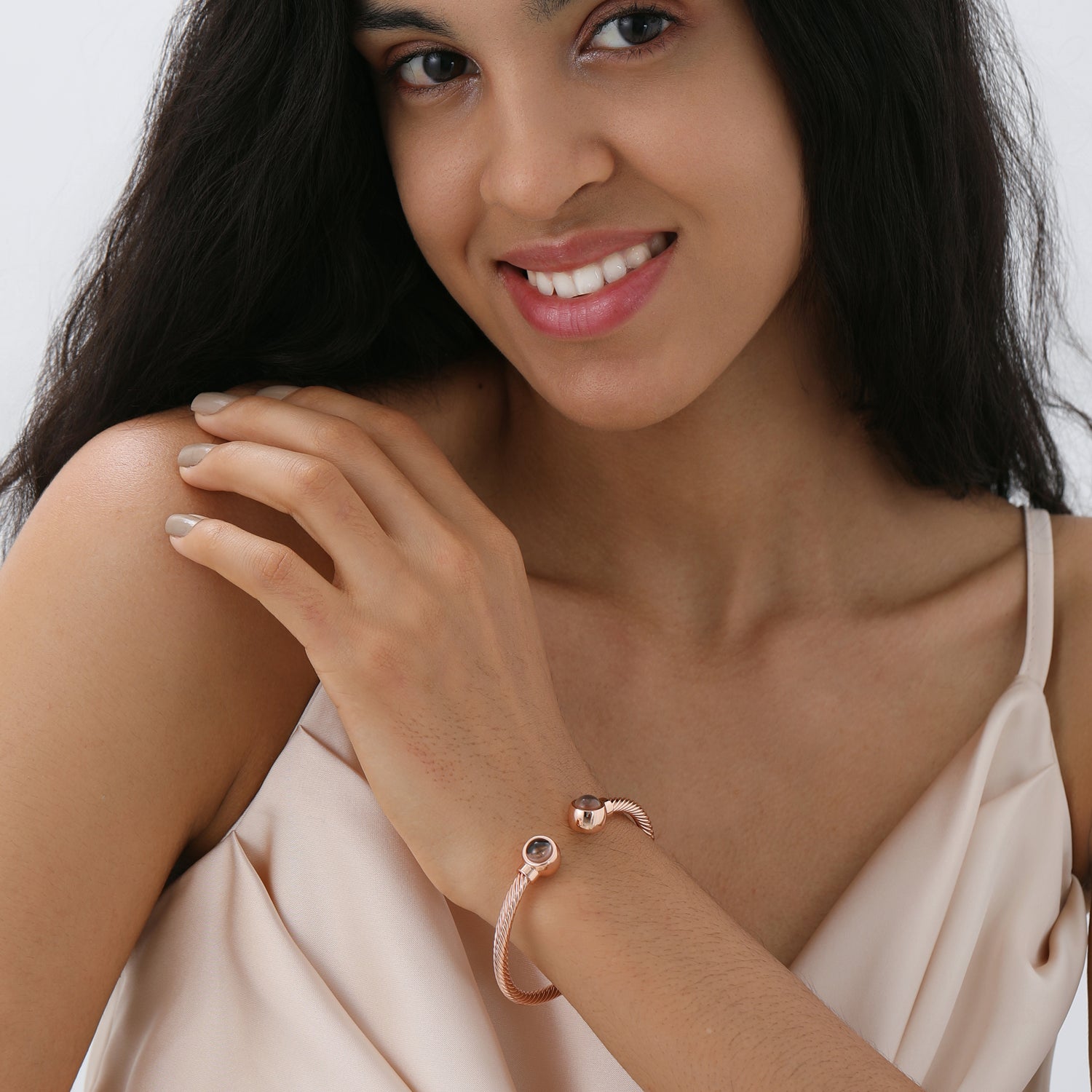 Phomora Twisted Texture Dual Photo Bangle Bracelet with hidden photo charms