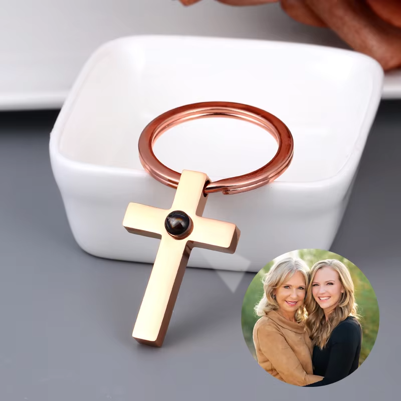 Personalized Photo Projection Cross Keychain | Custom Photo Jewelry Gift
