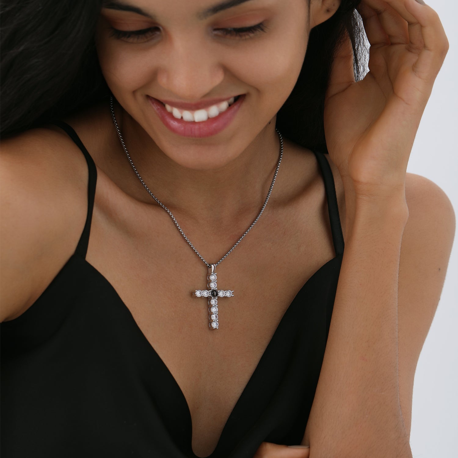 Radiant Remembrances Zircon Cross Shape Photo Projection Necklace