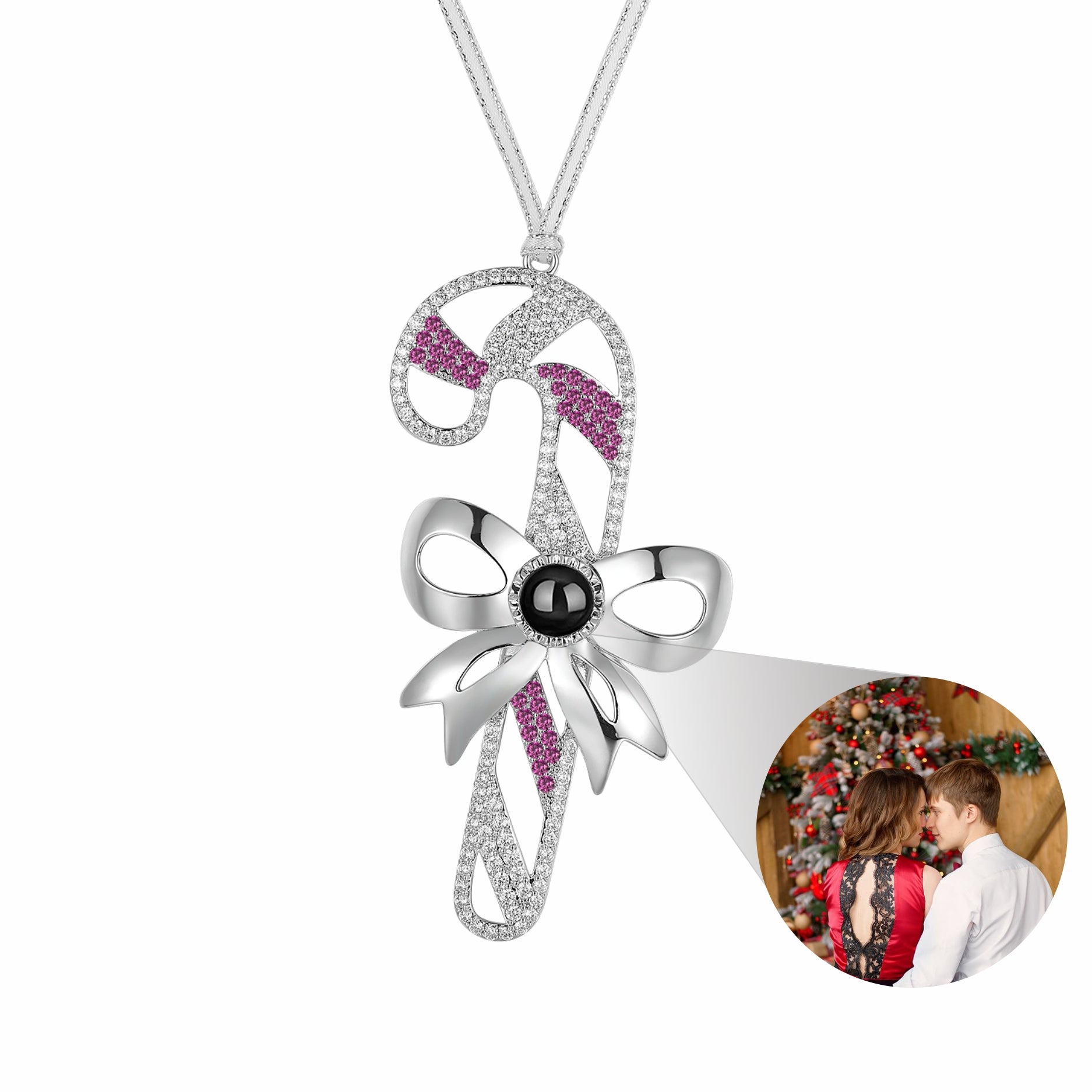 Personalized Candy Cane Photo Ornament hanging on Christmas tree by Phomora