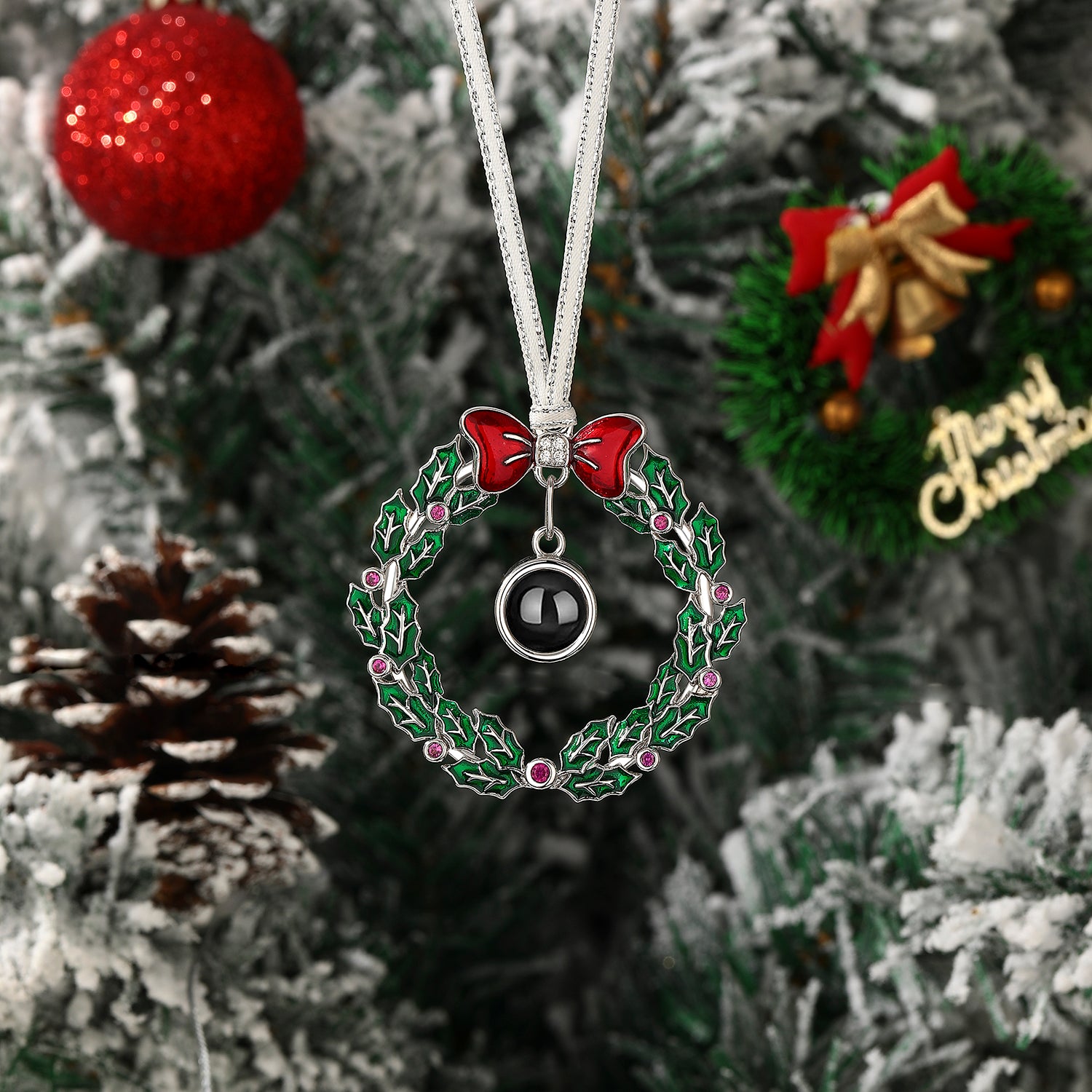 Custom holiday wreath ornament with hidden projection