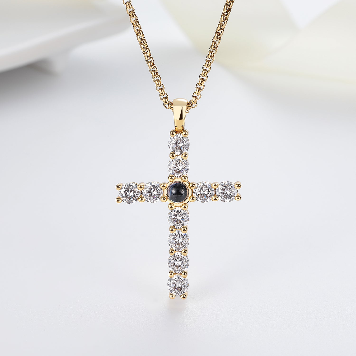 Radiant Remembrances Zircon Cross Shape Photo Projection Necklace