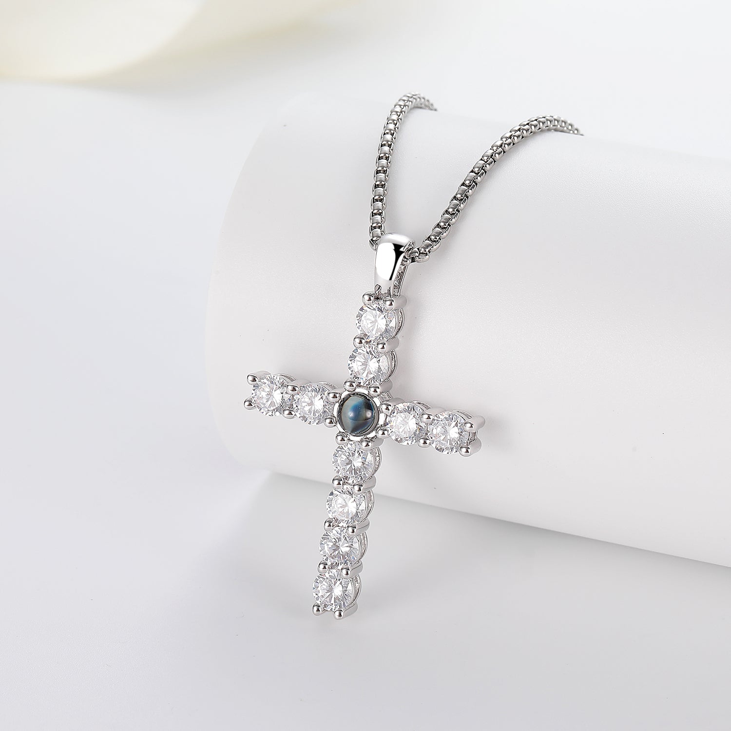 Radiant Remembrances Zircon Cross Shape Photo Projection Necklace