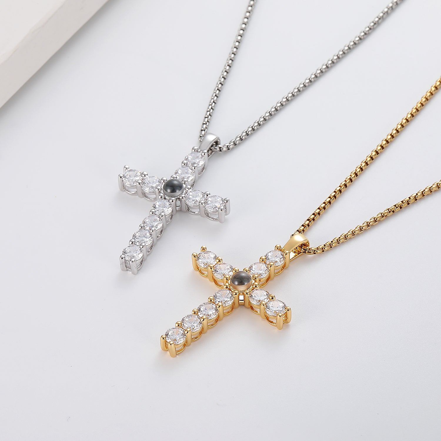 Radiant Remembrances Zircon Cross Shape Photo Projection Necklace